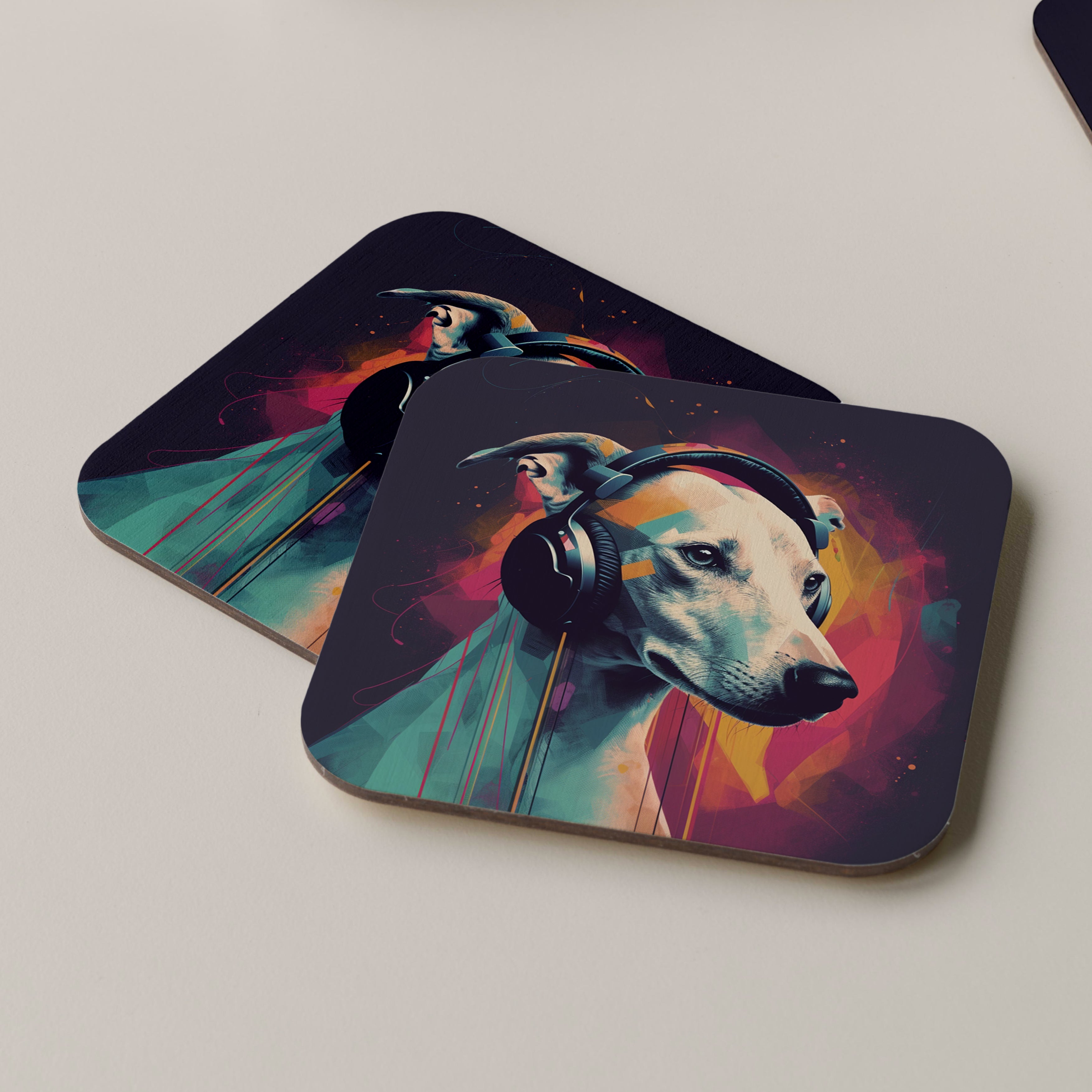 Whippet Wearing Headphones Coasters