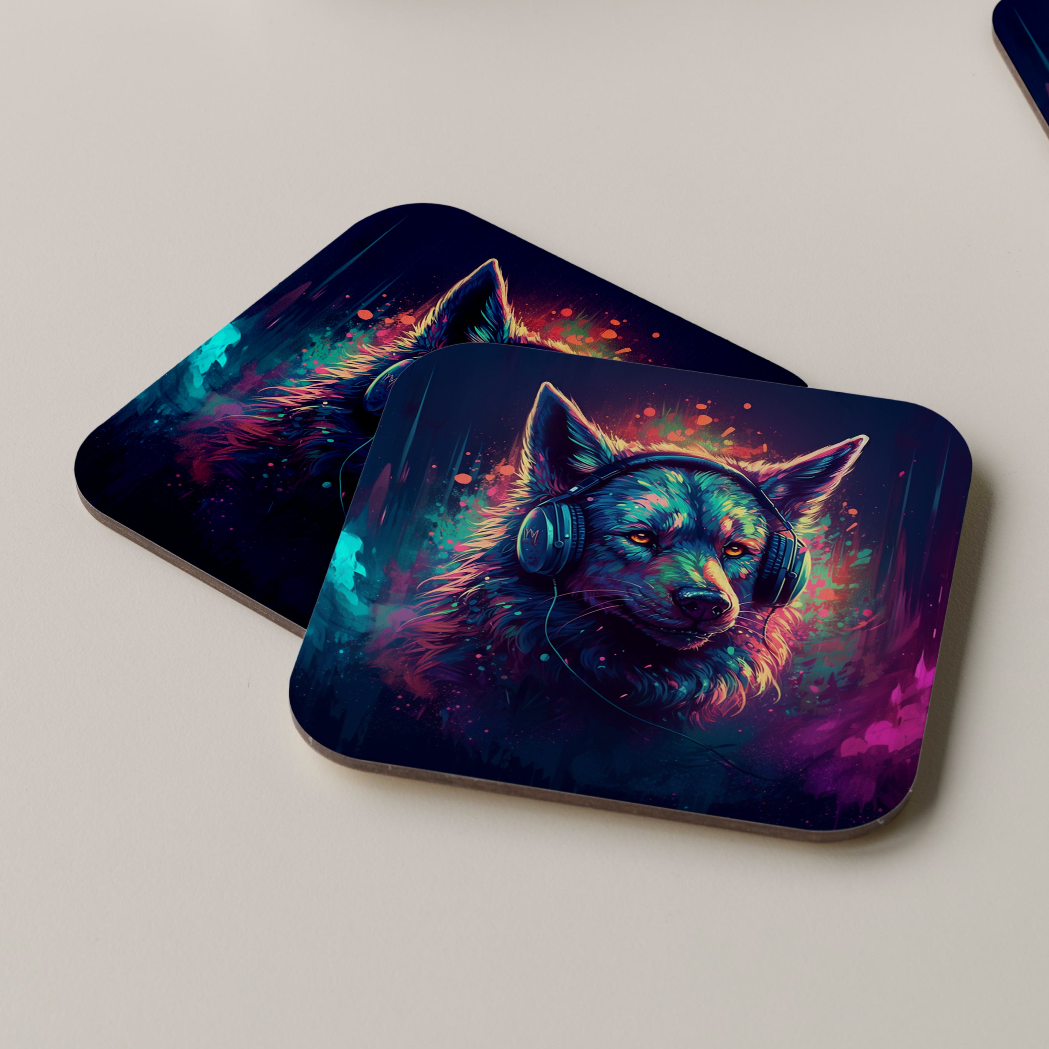 Wolf Wearing Headphones Coasters