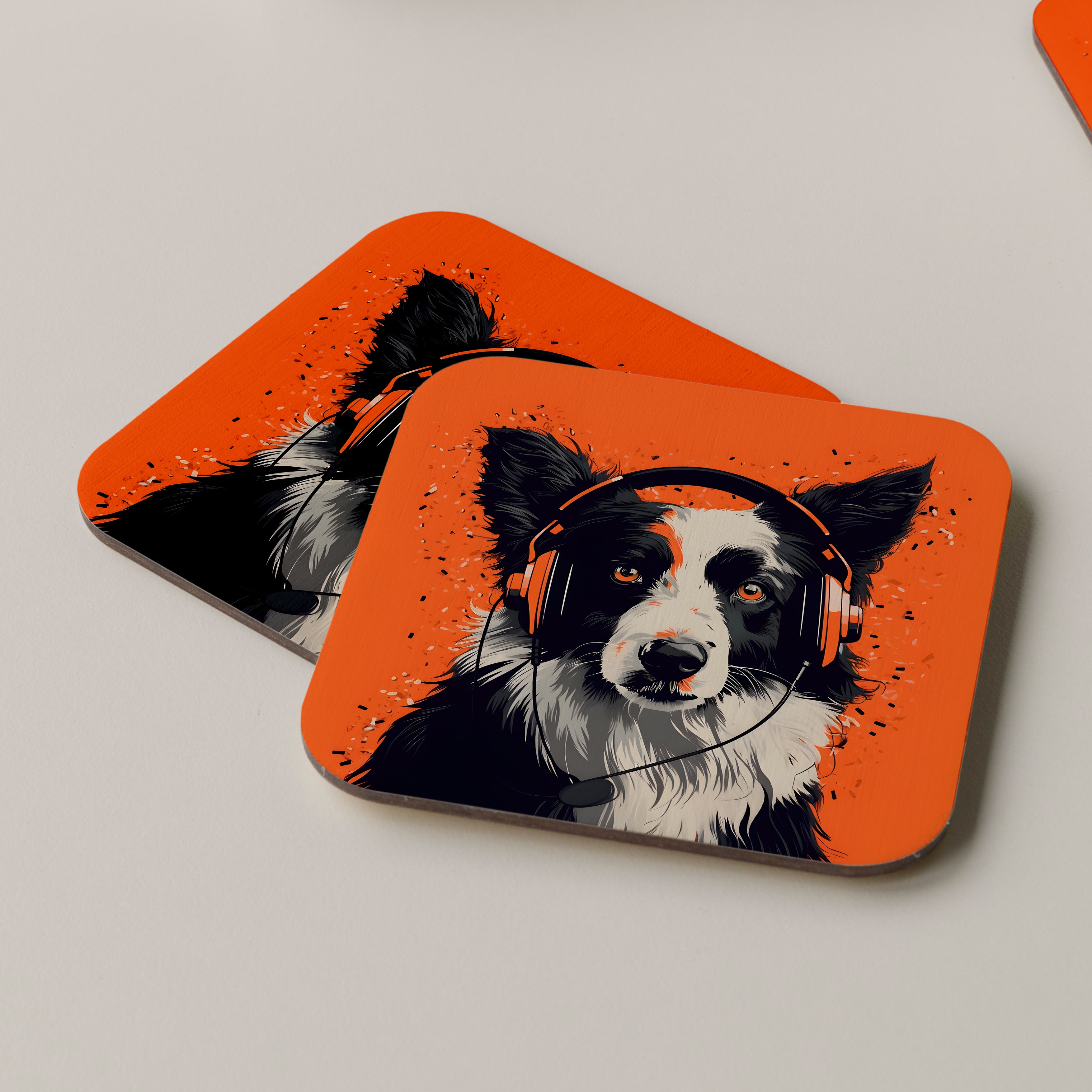 Border Collie Wearing Headphones Coasters