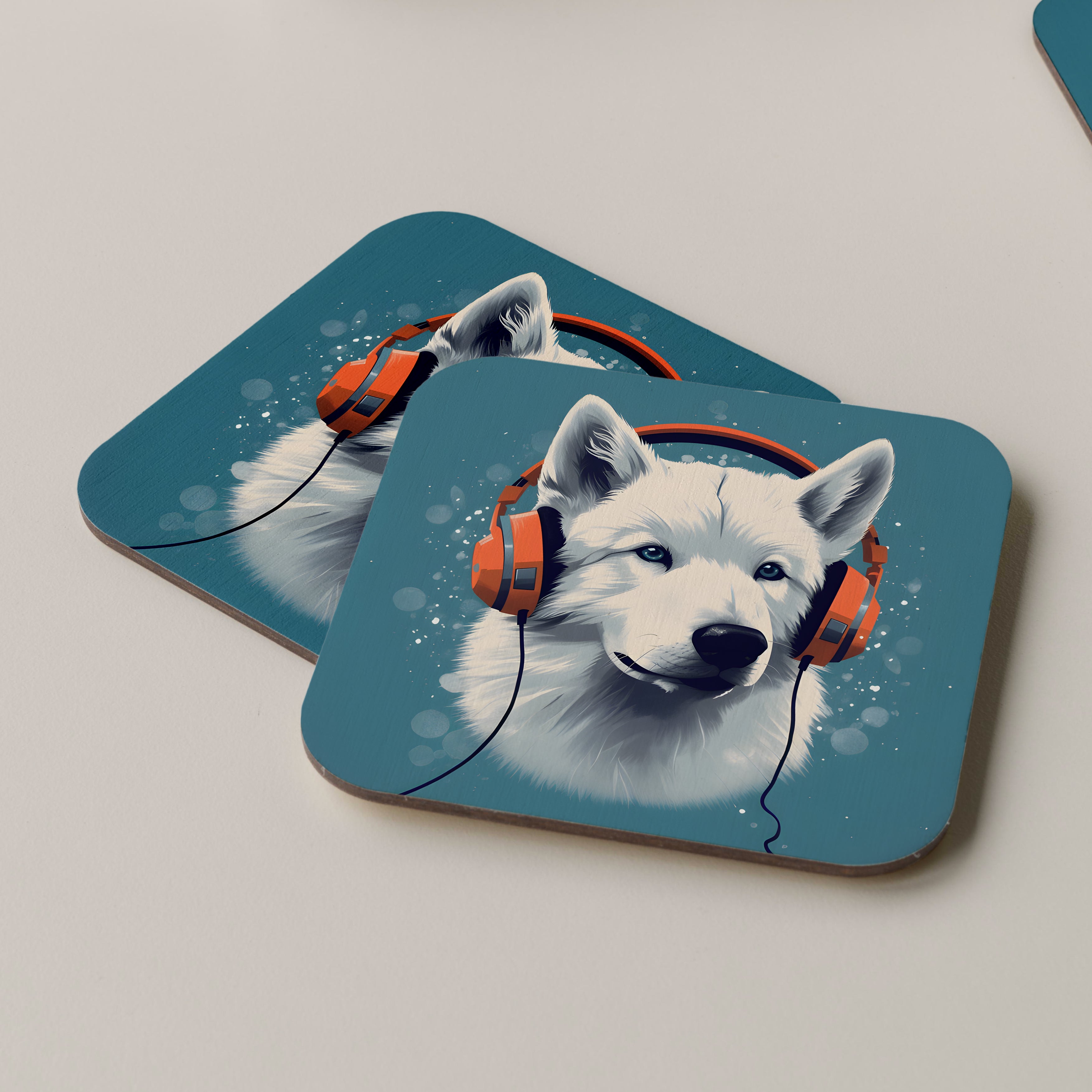 Canadian Eskimo Dog Wearing Headphones Coasters