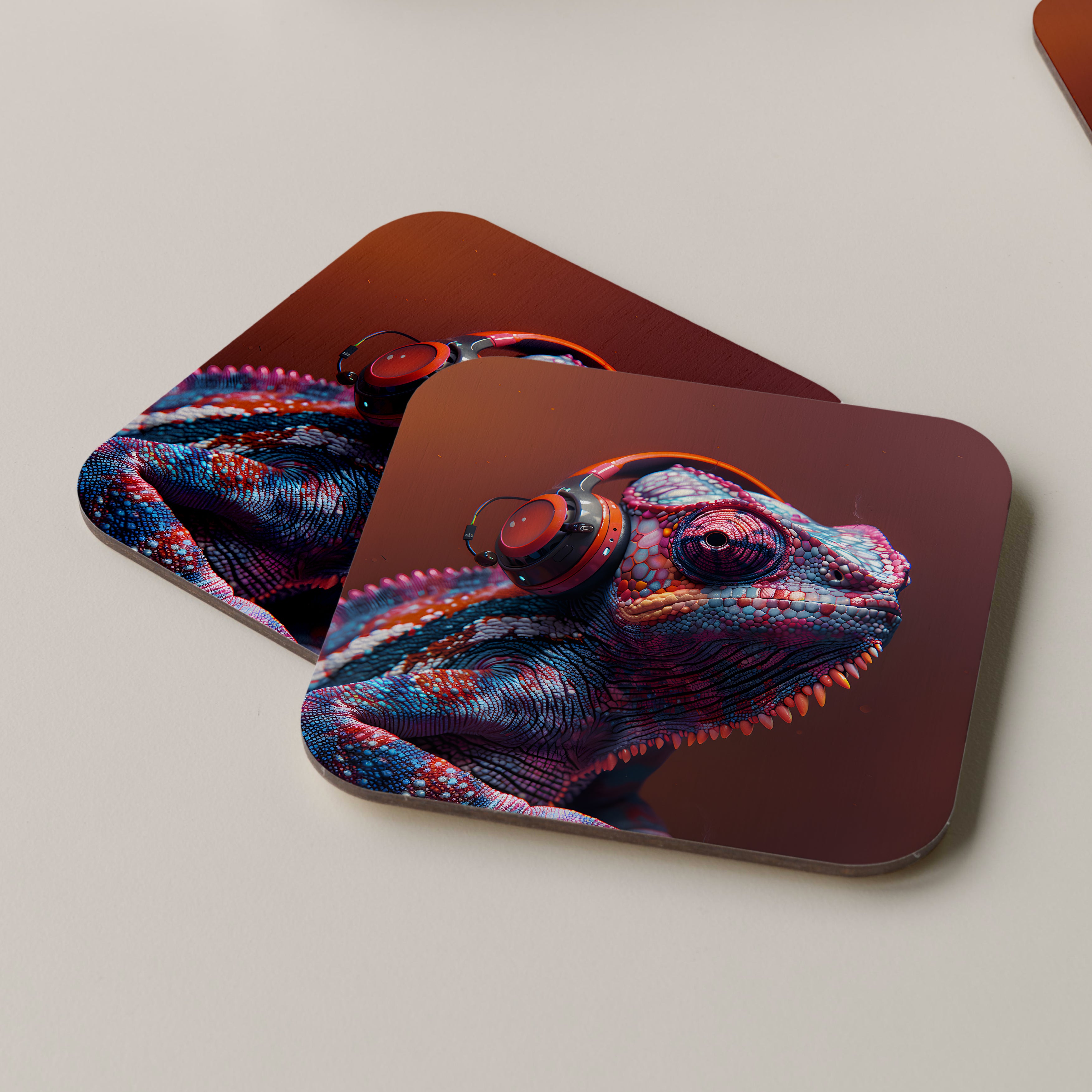 Chameleon Wearing Headphones Coasters