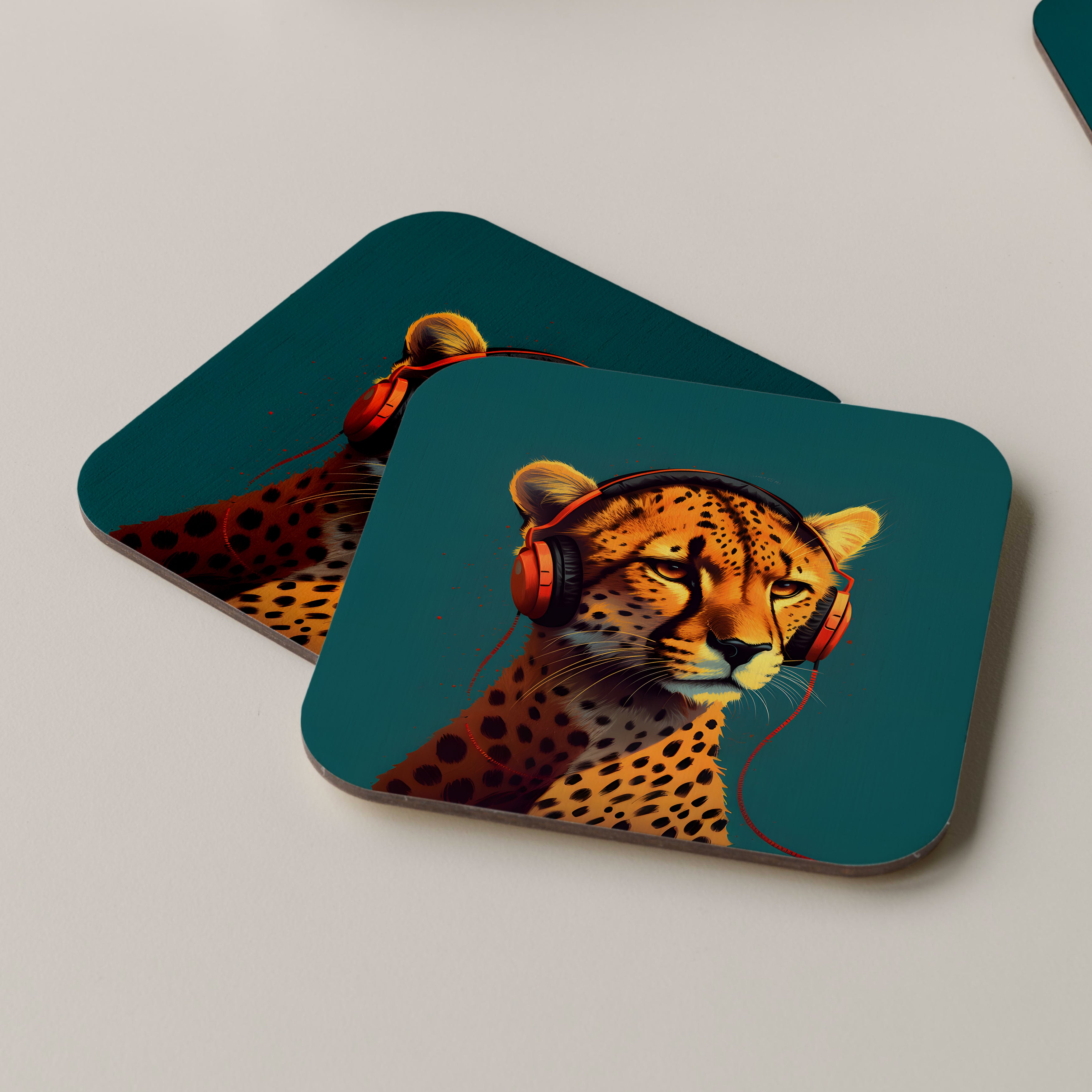 Cheetah Wearing Headphones Coasters