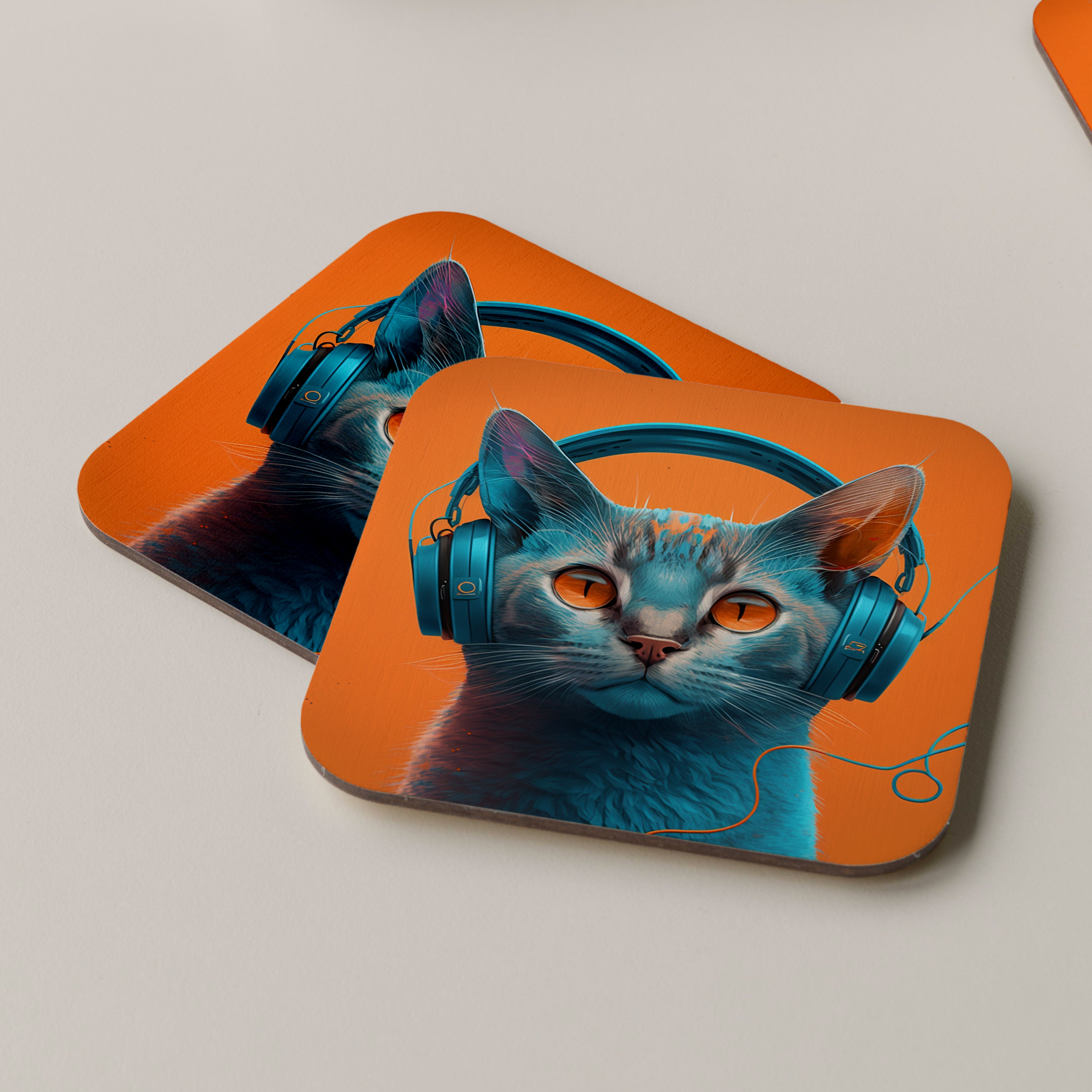 Cat Wearing Headphones Coasters Orange