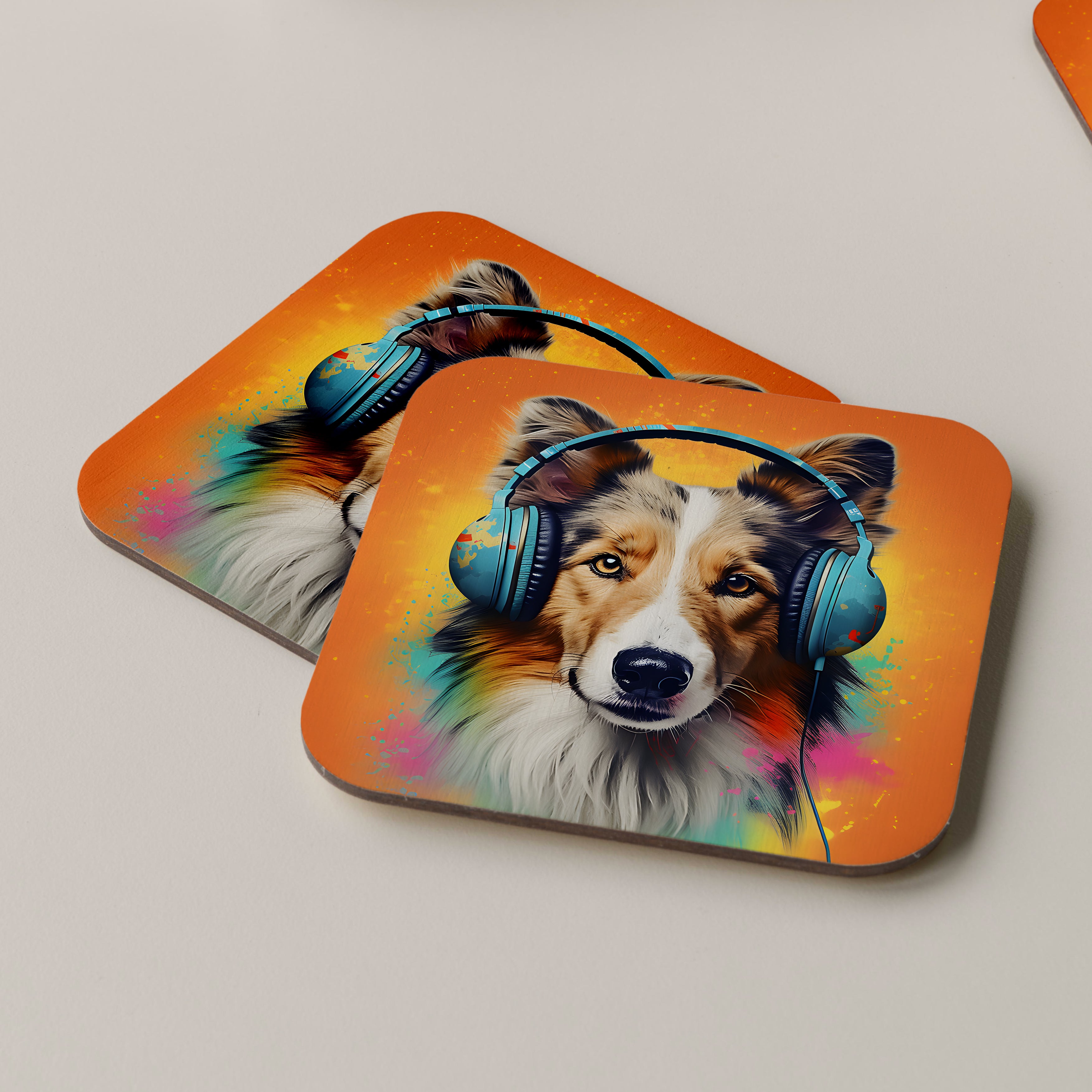 Rough Collie Wearing Headphones Coasters