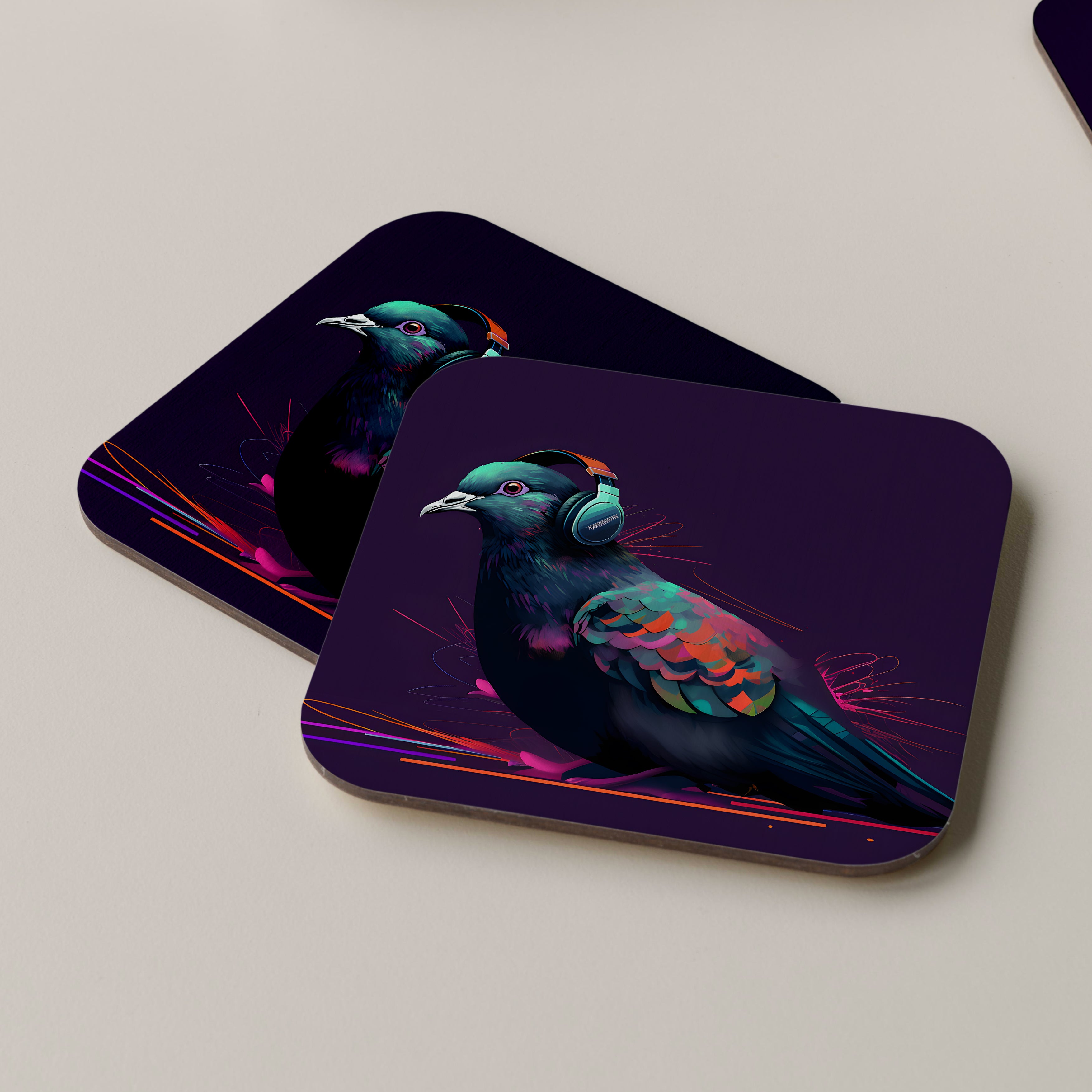 Pigeon Wearing Headphones Coasters