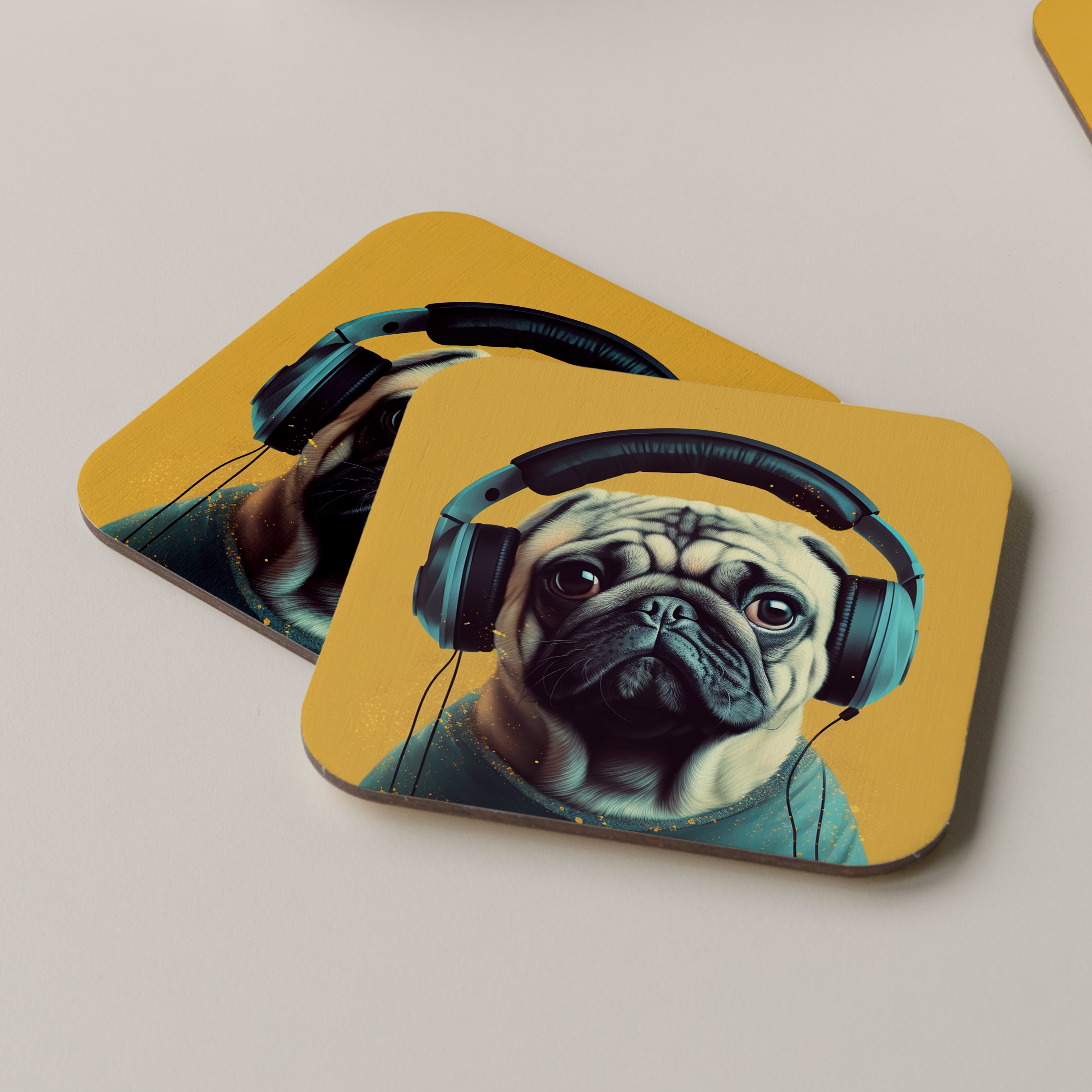 Pug Wearing Headphones Coasters